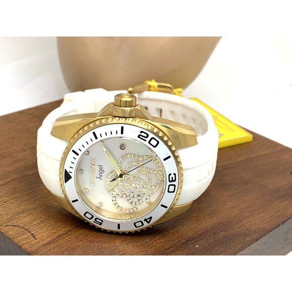 Invicta Women's Watch 0488 Angel Quartz Mother of Pearl Gold White Rubber Strap - Picture 8 of 14